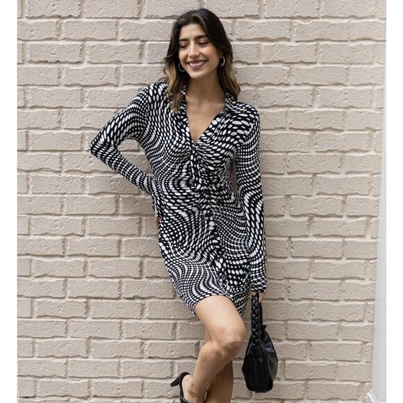 SANCTUARY Daydream Stretch Knit Black Whitev Geo Pattern Ruched Dress 3X NWT - Picture 1 of 6
